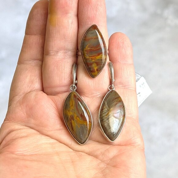 NWT Russian Russia Sterling Silver 925 Brown Grey Jasper Earrings And Ring Set - Picture 2 of 16